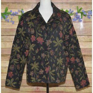 Vintage First Option Ladies L Black Floral Tapestry Jacket Retro Granny Core